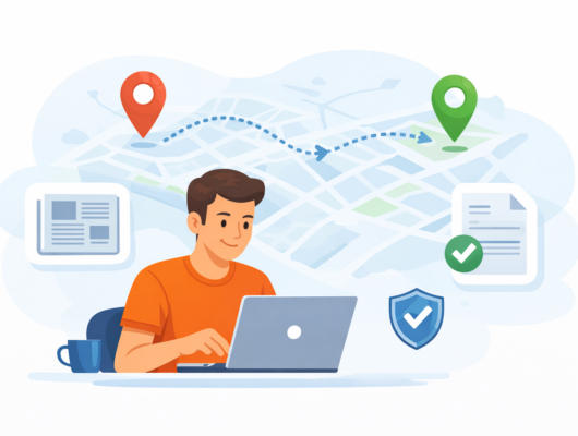 Illustration vectorielle flat moderne, entrepreneur sur laptop au premier plan, carte stylisée en arrière-plan, deux pins “ancienne adresse” et “nouvelle adresse” reliés par une flèche en pointillés, icônes flottantes journal annonce légale, document attestation, bouclier sécurité, fond clair avec formes abstraites bleues, style chaleureux et rassurant, sans texte, haute résolution, format 16:9.